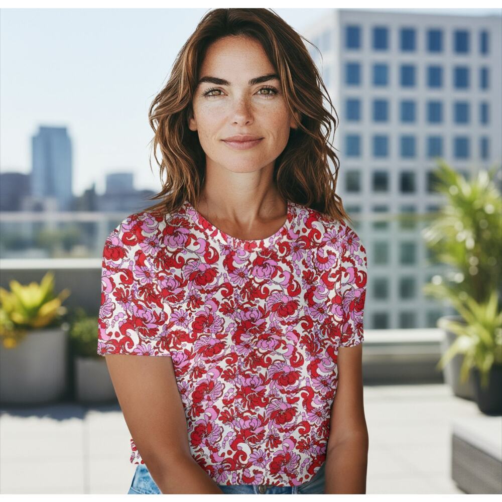 Trina Turk Pima Cotton Floral Short Sleeve Sommer T-Shirt White/Red/Pink XS